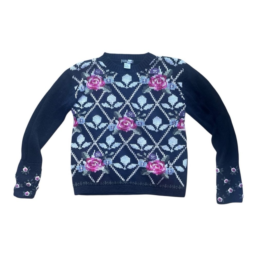 Vintage Kelly Scott Floral Patterned Black Sweater Small